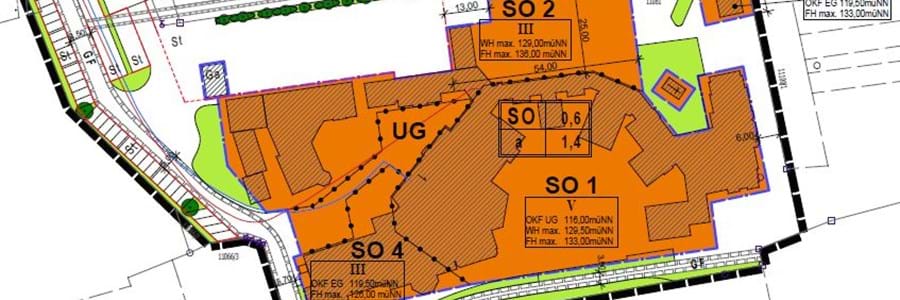 Bebauungsplanänderung sieht eine Erweiterung der Parkflächen (nach Norden und geringfügig nach Osten) vor. Das Sondergebiet 2 (SO 2) – Bereich für das Herrenhaus – ist minimal nach Osten verschoben worden.